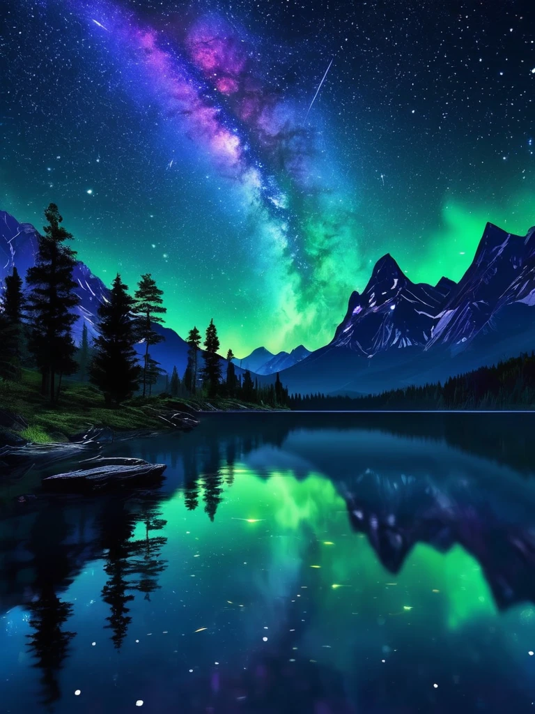 Design a captivating night scene depicting a tranquil mountain lake, The dazzling stars above々Reflect. The sky is deep indigo, The Milky Way shines vividly, Spreading to the horizon. On one side of the lake, Mountains towering against the sky々Silhouette of, On the one hand, The deep forest whispers secrets of the night. Aurora in the starry sky、It comes in vibrant green and purple hues.。, Add a magical feel to the whole scene. The overall image is、It should evoke a sense of serenity and awe at the vast beauty of the universe.。."