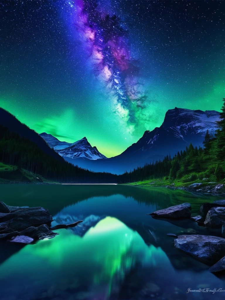 Design a captivating night scene depicting a tranquil mountain lake, The dazzling stars above々Reflect. The sky is deep indigo, The Milky Way shines vividly, Spreading to the horizon. On one side of the lake, Mountains towering against the sky々Silhouette of, On the one hand, The deep forest whispers secrets of the night. Aurora in the starry sky、It comes in vibrant green and purple hues.。, Add a magical feel to the whole scene. The overall image is、It should evoke a sense of serenity and awe at the vast beauty of the universe.。."