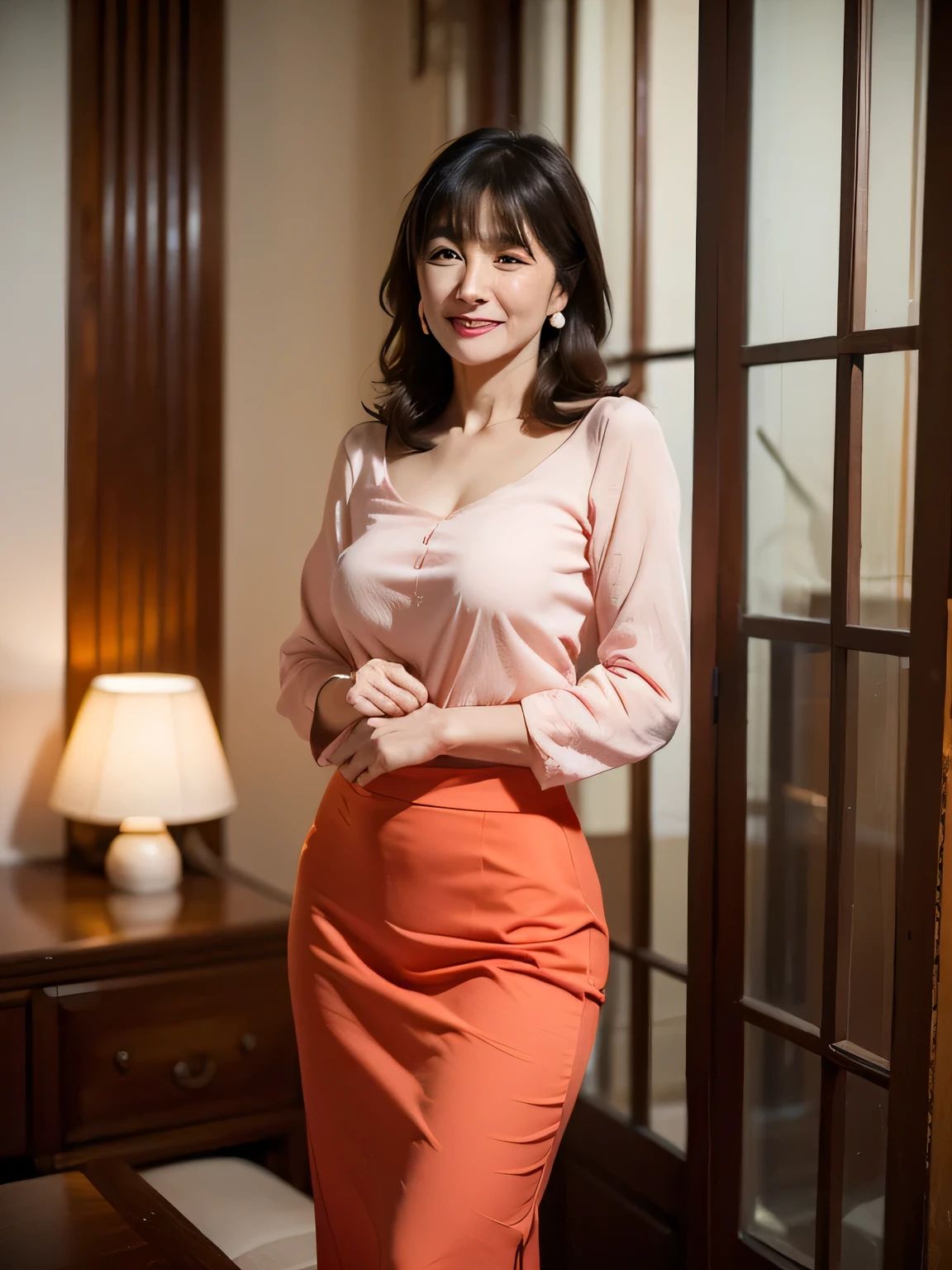 ((Highest quality)), ((8K)), ((masterpiece:1.3)), (Perfect look), (Photorealism:1.6), (A walking Japanese mature woman), (Woman window shopping), Blurred Background, (JMA, TI), Japanese Mature, 62 years old, ((Realistic skin texture)), (Fine wrinkles all over the skin:1.3), (Dull skin:1.1), (Unmoisturized skin:1.2), (Facial wrinkles:0.9), (Wrinkles around the eyes:1.2), double eyelid, Tear bags on the lower eyelids, (Crying Mole:0.9), The eyes are watching me, Serious look, (Dimples on cheeks:1.2), (Short bangs:1.2), Long hair with curled ends, (Hair over the ears), Smiling with the corners of his mouth turned up, (Red blouse), (Black long skirt), Soft fabric blouse, (Wide-necked blouse: 1.4), Wide sleeves, Cuffs that fit snugly around the wrist, Long Skirt, Hair blowing in the wind, Small breasts, (Salmon pink lips), (Red high heels：1.2), (Standing posture, Full body portrait：1.4), (Angle from the feet：1.4),