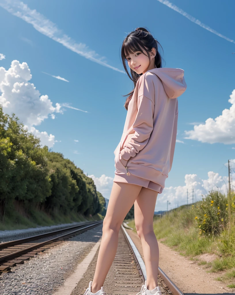 (Highest quality, 32k, High resolution, Masterpiece:1.5, ), marimo_jet, god々A photograph with brilliant dazzling and healing power., Evoking a sense of calm and elusive beauty, Expressing emotions, Have a rich imagination, The road to the horizon, Nostalgic scenery of youth, Beautiful Japanese Girl, Very beautiful face, Back view of a person walking on the railroad tracks, Shiny black hair, Beautiful ponytail, Beautiful Bangs, Hair between the eyes, Big magic eye, Obviously double, Pale pink lips, A kind smile, (Yellow Zip Hoodie), ((High resolutionの美しい太もも, Beautiful legs), Beautifully detailed skies, Professional Photographer, Professional Lighting, Professional Model