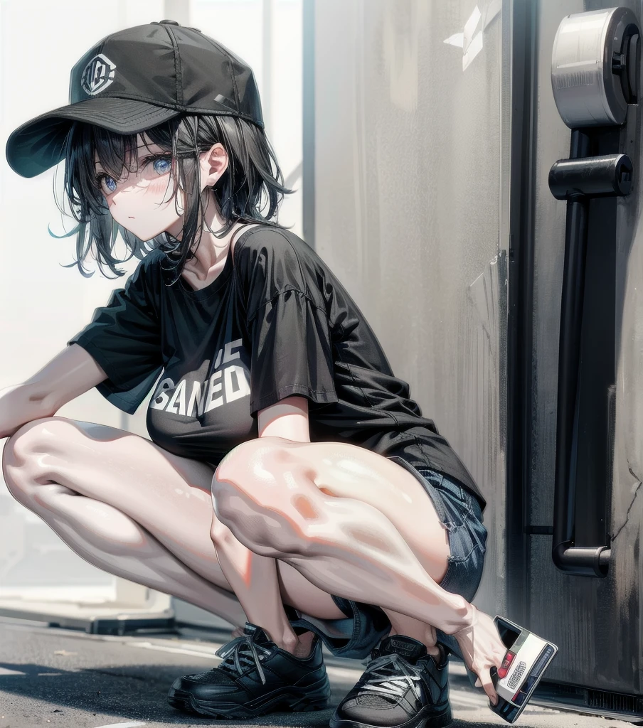 whole body, girl, big tits, medium hair, black hair, tearful mole, earring, baseball cap, black T-shirt, cargo shorts,