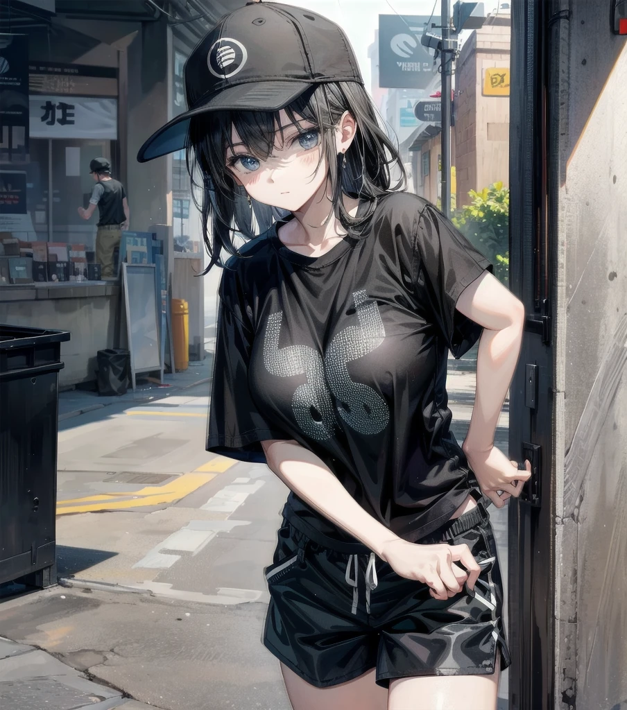 whole body, girl, big tits, medium hair, black hair, tearful mole, earring, baseball cap, black T-shirt, cargo shorts,