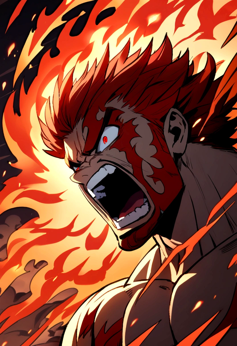 muscular guy yelling motivated with short hair in an epic flaming background with blue and red flames