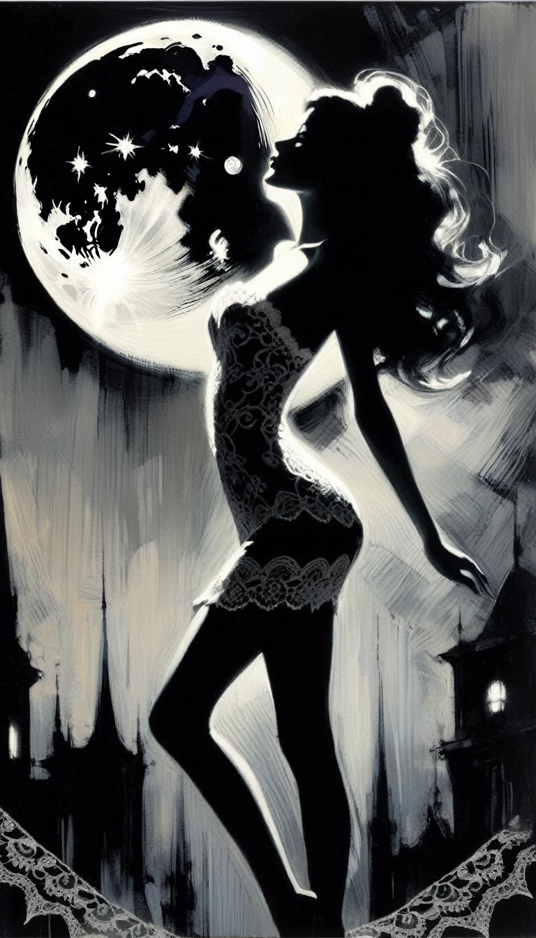 the sexy girl and the half moon, night, lace dress black and white image( art inspired by Bill Sienkiewicz, oil painting)