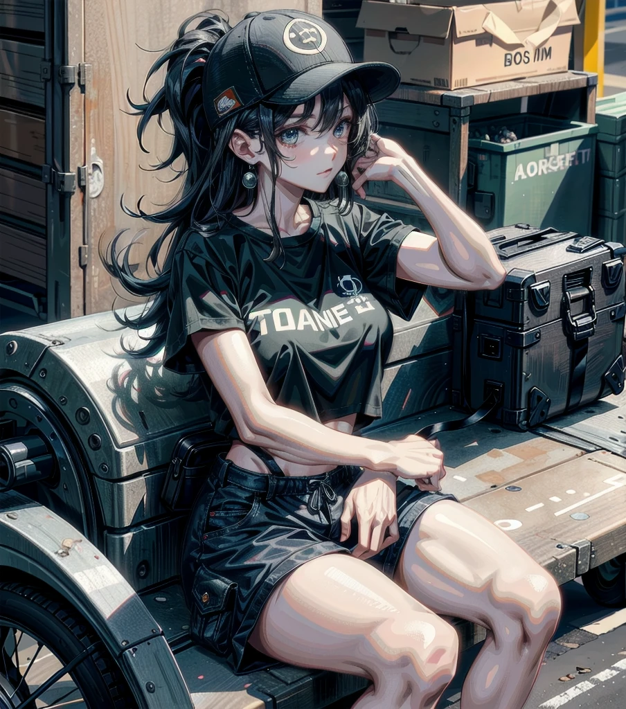whole body, girl, big tits, medium hair, black hair, tearful mole, earring, baseball cap, black T-shirt, cargo shorts,