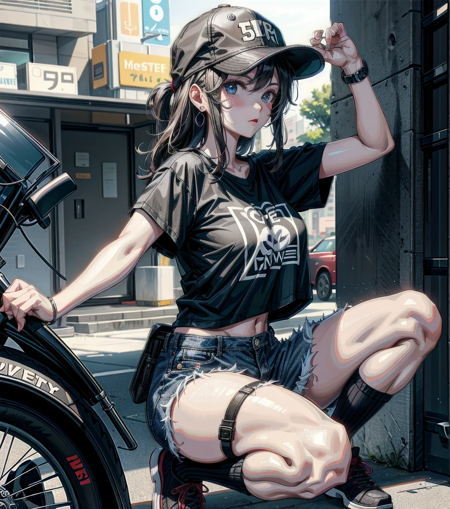 (Cowboy Shot),(Perfect Anatomy,Highest quality、超High resolution、High resolution、Highly detailed CG、8K Unit Wallpaper),20-year-old、alone,Beautiful attention to detail,Black Hair,Short Bob Hair,Blunt Bang,(Small breasts,Slender body,skinny),Glowing Skin,Oily skin,(Punk Fashion、leather jacket、Tank top、Micro Shorts),(Drive a motorcycle,Harley-Davidson,),On the road,Tokyo,At night、