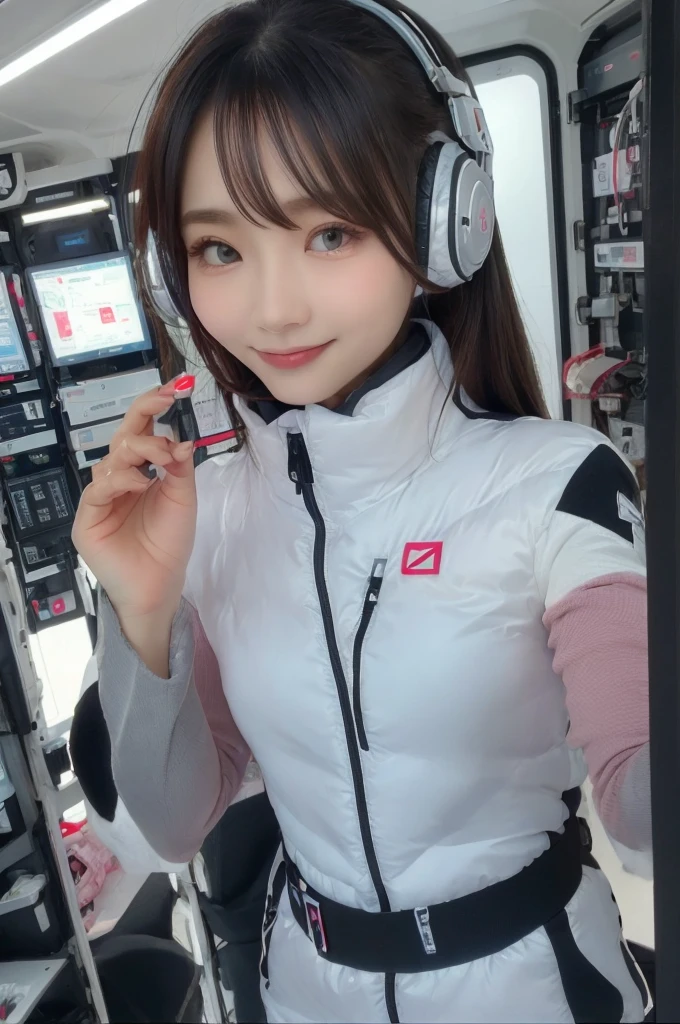 masterpiece, Highest quality, Very detailed, 8K Portrait,Japanese Android Girl,plump , Control panel,Robotic arms and legs, Blunt bangs,,break (Metallic Gray, Metallic luster, Mirror finish, Astro Best):5,headphone:5,break (Black sleeves):100,Smart Watches,Futuristic space station,Control Room,break headphone,blue eyes,(Black Hair):2,(Long Hair):1.3,Displaying the viewer,(respirator),break blush:3,Hidden Hand,smile
