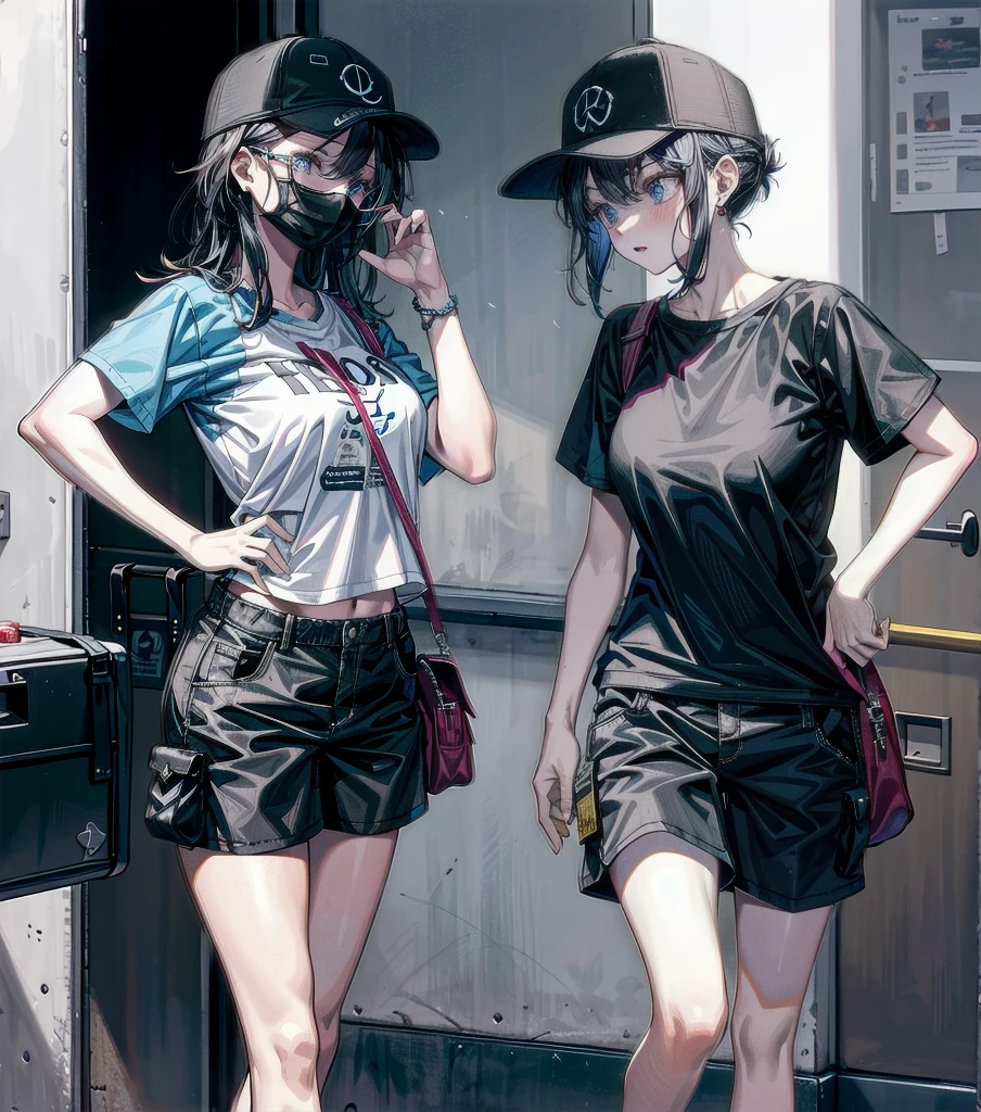 whole body, girl, big tits, medium hair, black hair, tearful mole, earring, baseball cap, black T-shirt, cargo shorts,