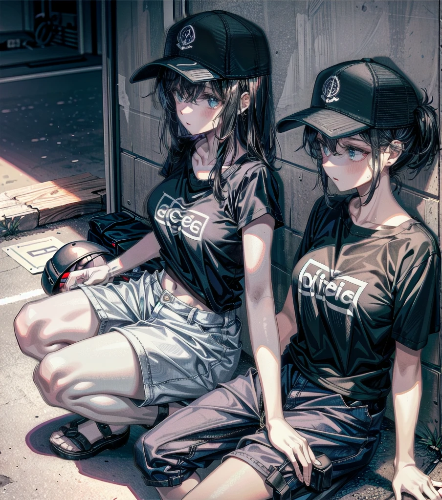 whole body, girl, big tits, medium hair, black hair, tearful mole, earring, baseball cap, black T-shirt, cargo shorts,
