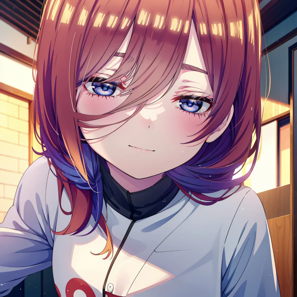 Mikunakano, miku nakano, Long Hair, bangs, blue eyes, Brown Hair, shirt, Hair between the eyes,smile,Open your mouth, Messy Hair,オーバサイズtshirt,One Shoulder,Black string underwear,barefoot,Sitting on the bed,sleepy,Squinting,morning,morning陽,The sun is rising,Building district,whole bodyがイラストに入るように,
break indoors, Bedroom,
break looking at viewer, whole body,
break (masterpiece:1.2), Highest quality, High resolution, unity 8k wallpaper, (figure:0.8), (Beautiful attention to detail:1.6), Highly detailed face, Perfect lighting, Highly detailed CG, (Perfect hands, Perfect Anatomy),