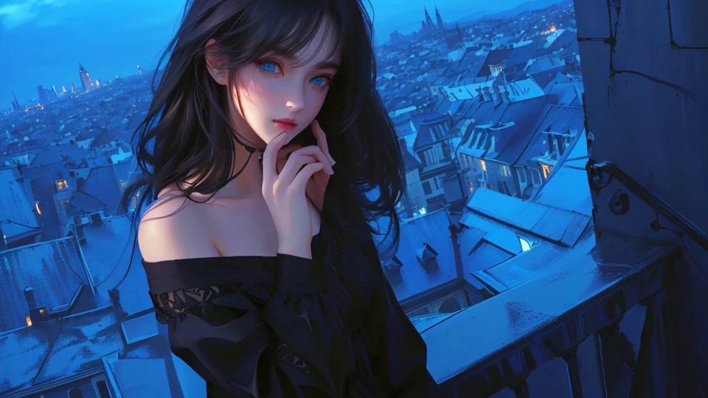 ultra-detailed, beautiful eyes, detailed eyes, detailed face, ultra-detailed, beautiful eyes, woman in black casual, Woman in casual, black, loose-fitting, Beautiful face gnawing strength, casual clothing with blue eyes standing on a rooftop overlooking the city, master piece, best quality, high resolution, 16k