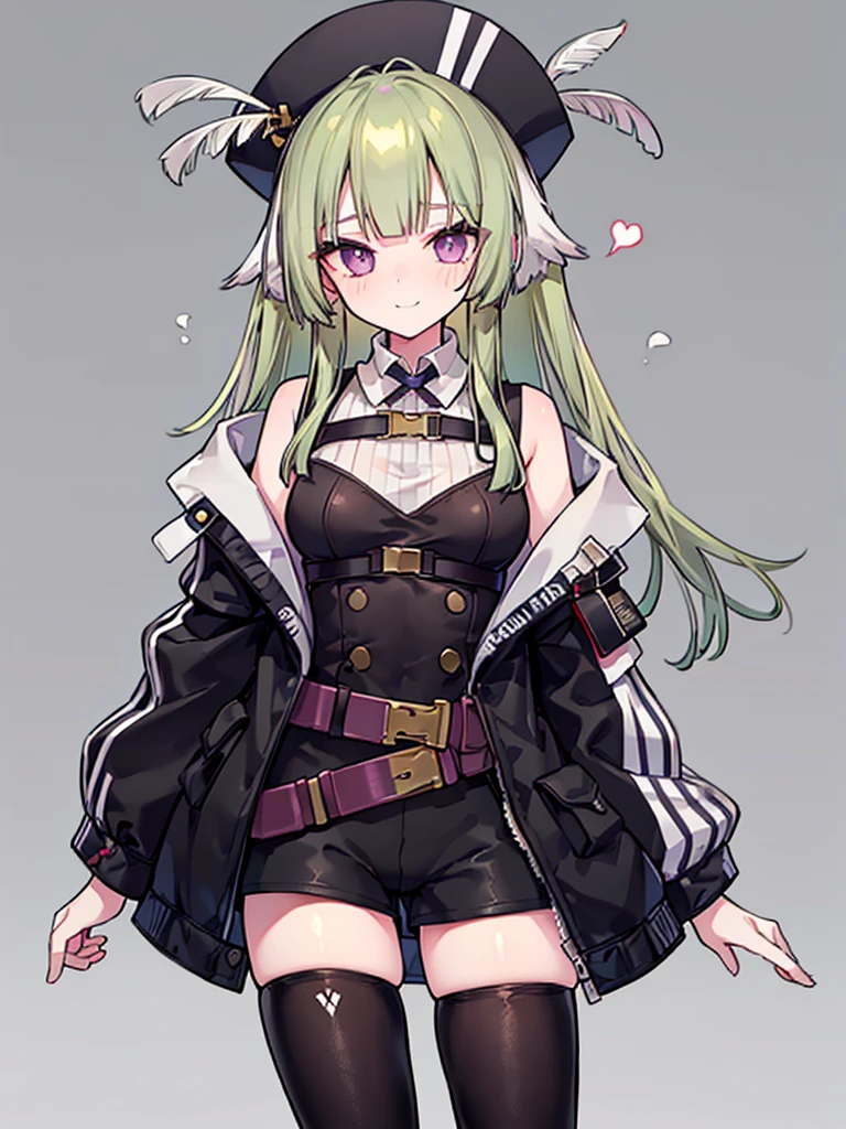 :o, sweating, close upmasterpiece,best quality,8k wallpaper,1 girl,solo, flat chest,light smile,squinting eyes,empty eyes,no pupils, eyelashes,long hair,dynamic angle,poncirus_(arknights), chest_belt, feather_hair, multicolored_jacket, multicolored_clothes, two-tone_shirt, turtleneck, short_shorts, heart-shaped_pupils, white_pupils, black_ribbon, belt, purple_eyes, jacket, white_shirt, green_hair, open_clothes, belt, black_thighhighs, blunt_bangs, off_shoulder, open_jacket, two-tone_jacket, see-through, zettai_ryouiki, sleeveless_shirt, black_shorts, hat_feather, nsfw, spreading legs, sex, 1girl, 1boy, penis, missionary, creampie,, medical office, little smile, little angry, skinny, holding penis