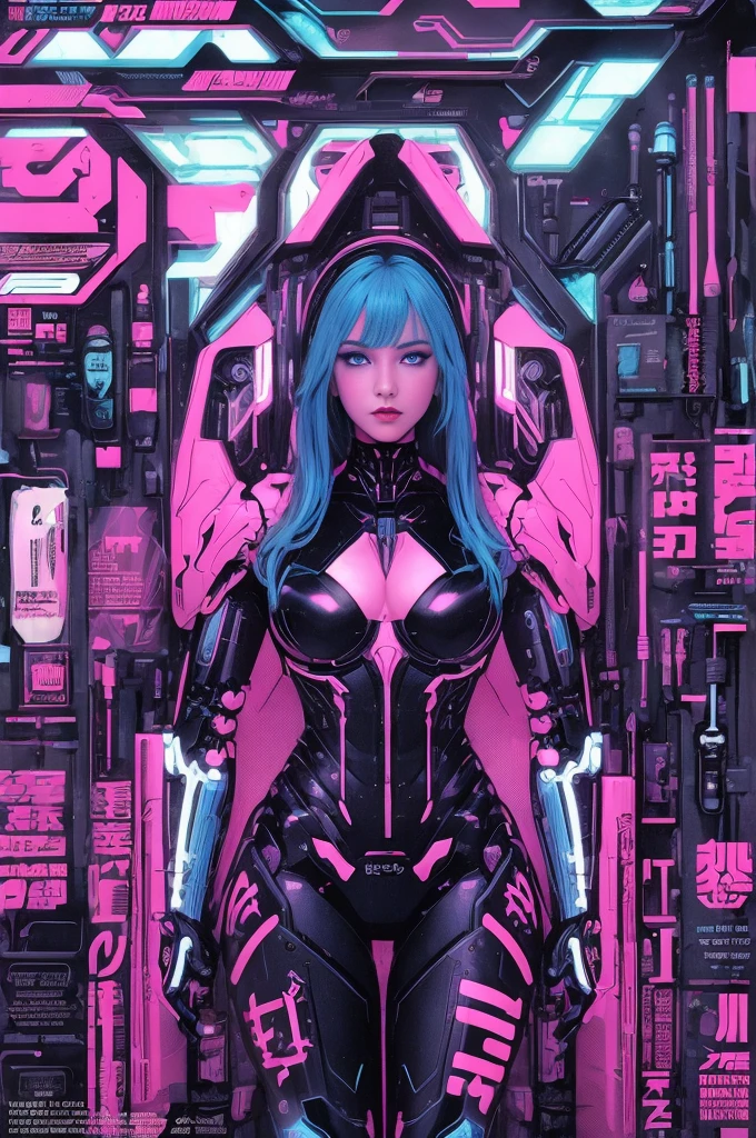 Feminine cyborg, magazine cover, poster art , hint of vibrant, bold sexy text