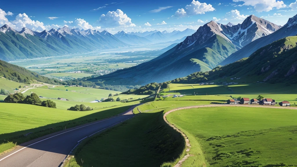A Anime landscape of a mountain landscape with a road going through it landscape, anime style, countryside, with mountains and clouds in the background.