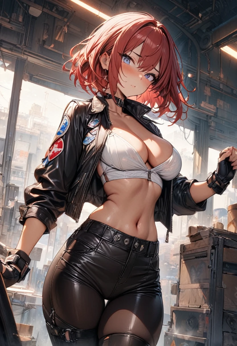 (masterpiece:1.2),(best quality:1.2),(masterpiece, best quality, ultra-high resolution), (1girl), (1 character), red hair, short hair, bright eyes, tanned skin, black leather jacket, patches, tight leather pants, fingerless leather gloves,