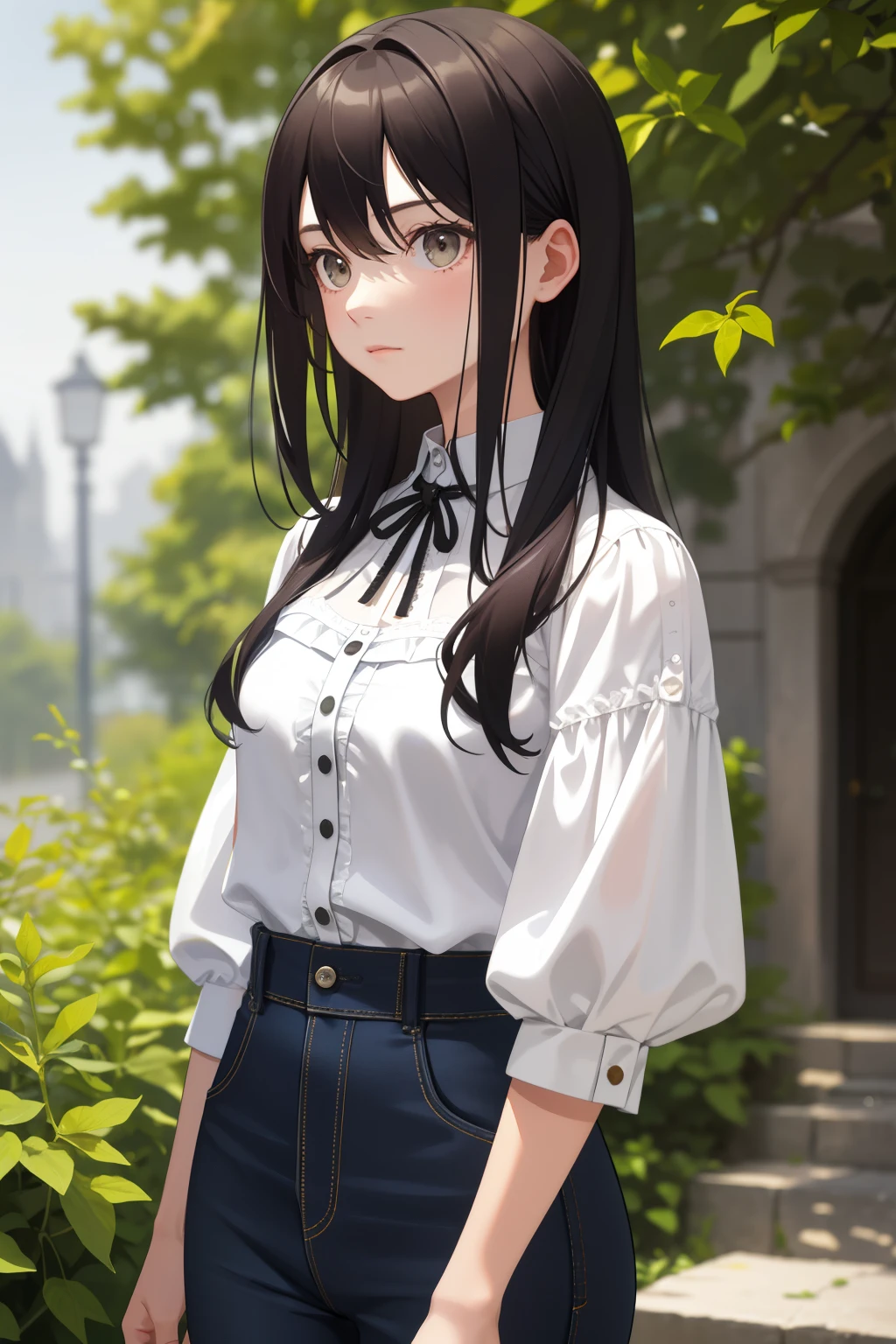 Slightly blurred figure, Young woman, Moderate build, Casual attire, Blouse, Jeans, Indistinct details, Muted colors, Outdoor setting, Slightly distorted perspective, Hazy, Impressionistic, Soft lines, Low resolution, Blurry edges, Slightly out of focus, Unclear, Insufficient light, Lacking sharpness, Dimly lit, Lacking detail, Undefined, Incomplete, Needs improvement.