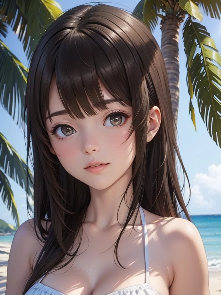 masterpiece, rich colors, Best quality, detailed, high resolution, Hyper quality, high detail, , high quality, detailing, skinny sexy girl on the beach , bright lighting , Brown eyes, Anime, palm trees, bright lighting,