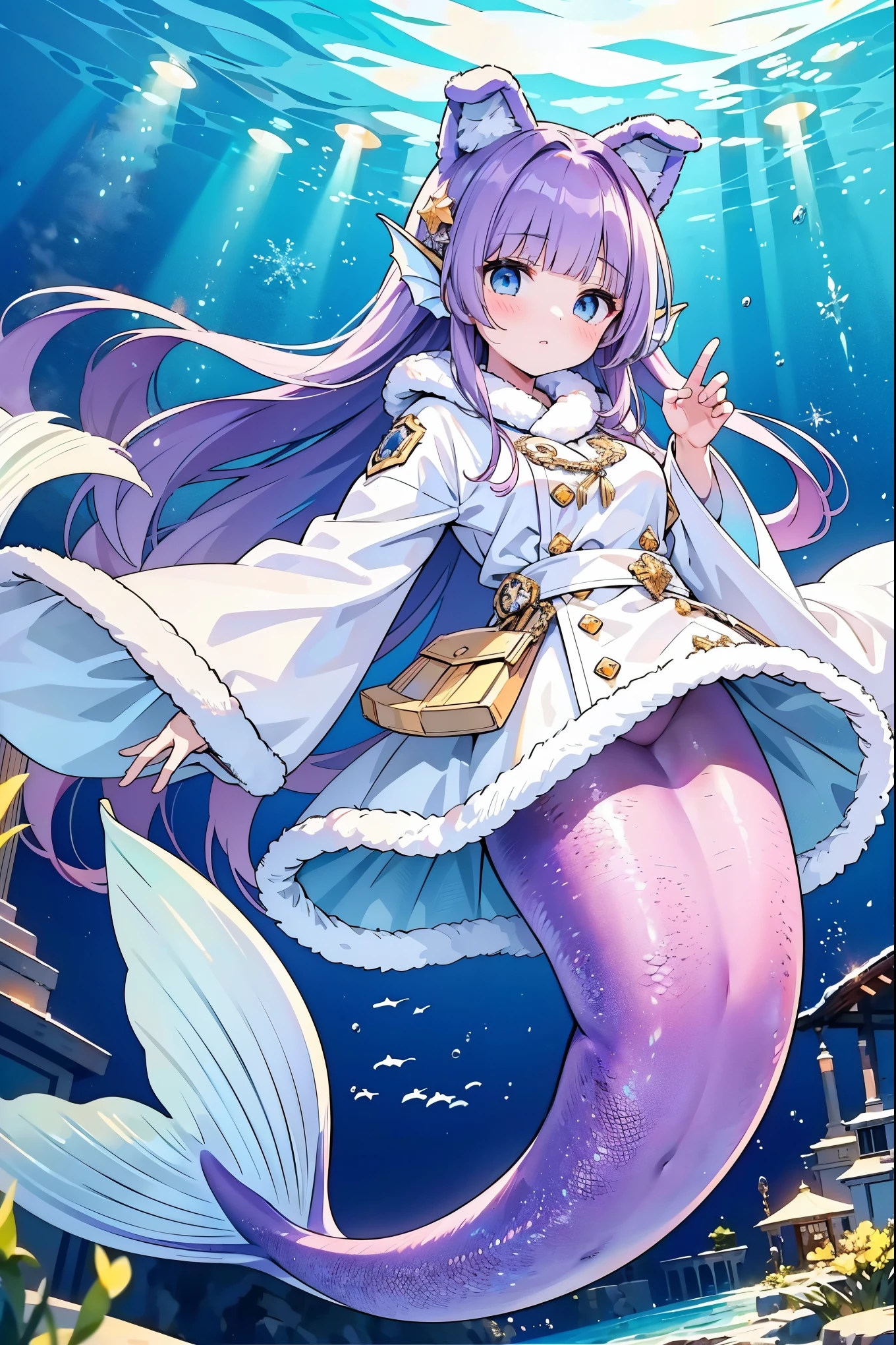 masterpiece, best quality,(perfect five fingers,Four fingers and a thumb in optimal proportions),A girl,Large Breasts,Hair accessories,White sweater,White coat,Fur trim,Winter Clothing,Long sleeve,Fake animal ears,Head fin,Mermaid,紫色的Mermaid尾巴,Tashkent,Purple Hair,blue eyes,long hair,Bangs,full-body shot,seabed,Underwater,Sea view