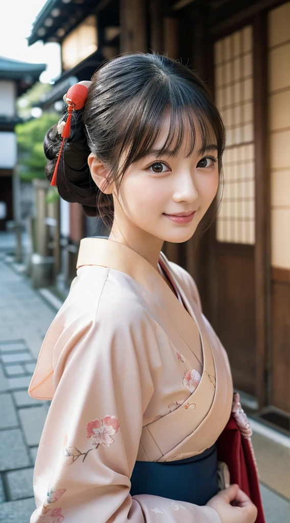 professional lighting,(Photoreal:1.4), (Top image quality:1.0), (超A high resolution:1.0), 8k, Raw photography、(highest quality Detail:1.2)、realistic、8k UHD、High resolution、(1 girl:1.2)、超be familiar withな、High quality textures、intricate details、be familiar with、Very be familiar with CG、High quality shadows、be familiar with beautiful and delicate face、Beautiful details and delicate eyes、(symmetrical eyes:1.2),written boundary depth、ray tracing,1 girl, japanese girl, (natural smile:1.4),cute, thin, Portrait of a beautiful Japanese woman wearing a kimono, Standing elegantly on a street corner in Kyoto. Kimono with bright traditional patterns, Hair decorated with elegant and delicate hairpins, and a gentle expression. (Against the backdrop of the old streets of Kyoto:1.4)、soft light on a spring afternoon、adds tranquility to the scene. Rendered in a realistic style with great attention to detail, High resolution images.sky porn, magic hour, (realistic:1.3), finely, quality, (table top:1.2), (realistic:1.2), (highest quality), (be familiar with), dramatic, ray tracing, photograph, +roller,