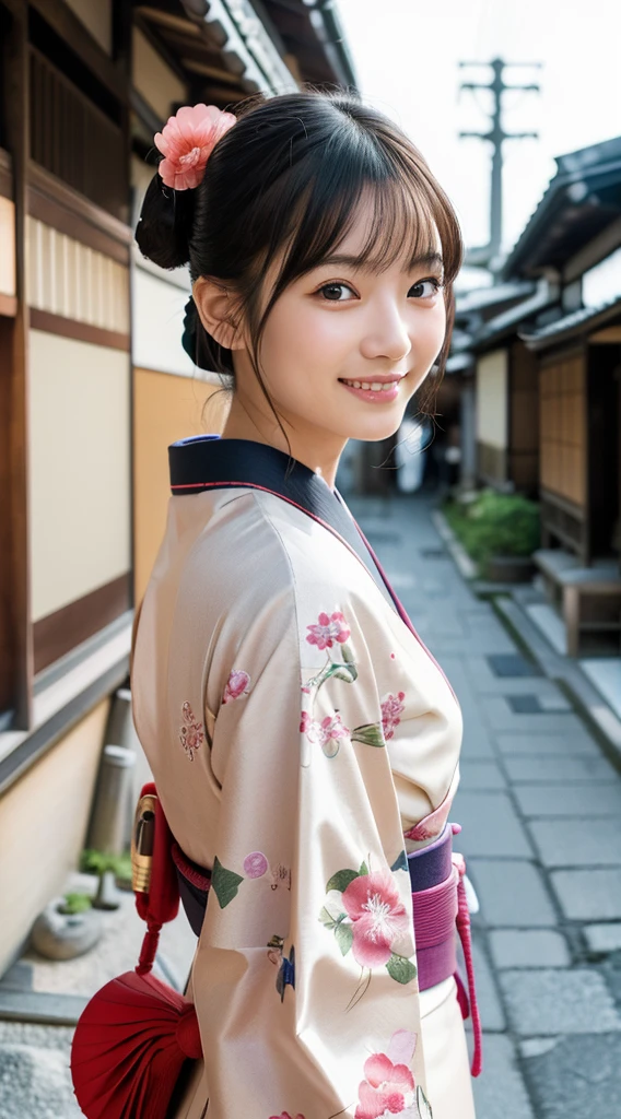 professional lighting,(Photoreal:1.4), (Top image quality:1.0), (超A high resolution:1.0), 8k, Raw photography、(highest quality Detail:1.2)、realistic、8k UHD、High resolution、(1 girl:1.2)、超be familiar withな、High quality textures、intricate details、be familiar with、Very be familiar with CG、High quality shadows、be familiar with beautiful and delicate face、Beautiful details and delicate eyes、(symmetrical eyes:1.2),written boundary depth、ray tracing,1 girl, japanese girl, (natural smile:1.4),cute, thin, Portrait of a beautiful Japanese woman wearing a kimono, Standing elegantly on a street corner in Kyoto. Kimono with bright traditional patterns, Hair decorated with elegant and delicate hairpins, and a gentle expression. (Against the backdrop of the old streets of Kyoto:1.4)、soft light on a spring afternoon、adds tranquility to the scene. Rendered in a realistic style with great attention to detail, High resolution images.sky porn, magic hour, (realistic:1.3), finely, quality, (table top:1.2), (realistic:1.2), (highest quality), (be familiar with), dramatic, ray tracing, photograph, +roller,