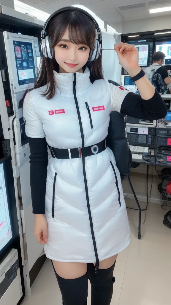 masterpiece, Highest quality, Very detailed, 8K Portrait,Japanese Android Girl,plump , Control panel,Robotic arms and legs, Blunt bangs,,break (Metallic Gray, Metallic luster, Mirror finish, Astro Best):5,headphone:5,break (Black sleeves):100,Smart Watches,Futuristic space station,Control Room,break headphone,blue eyes,(Black Hair):2,(Long Hair):1.3,Displaying the viewer,(respirator),break blush:3,Hidden Hand,smile