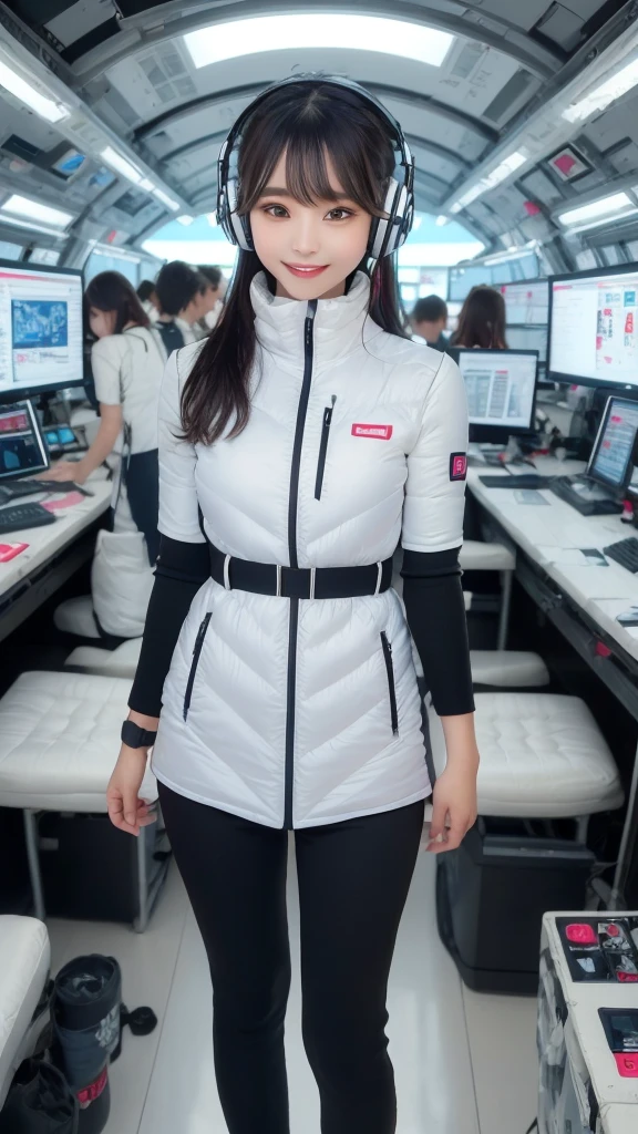 masterpiece, Highest quality, Very detailed, 8K Portrait,Japanese Android Girl,plump , Control panel,Robotic arms and legs, Blunt bangs,,break (Metallic Gray, Metallic luster, Mirror finish, Astro Best):5,headphone:5,break (Black sleeves):100,Smart Watches,Futuristic space station,Control Room,break headphone,blue eyes,(Black Hair):2,(Long Hair):1.3,Displaying the viewer,(respirator),break blush:3,Hidden Hand,smile
