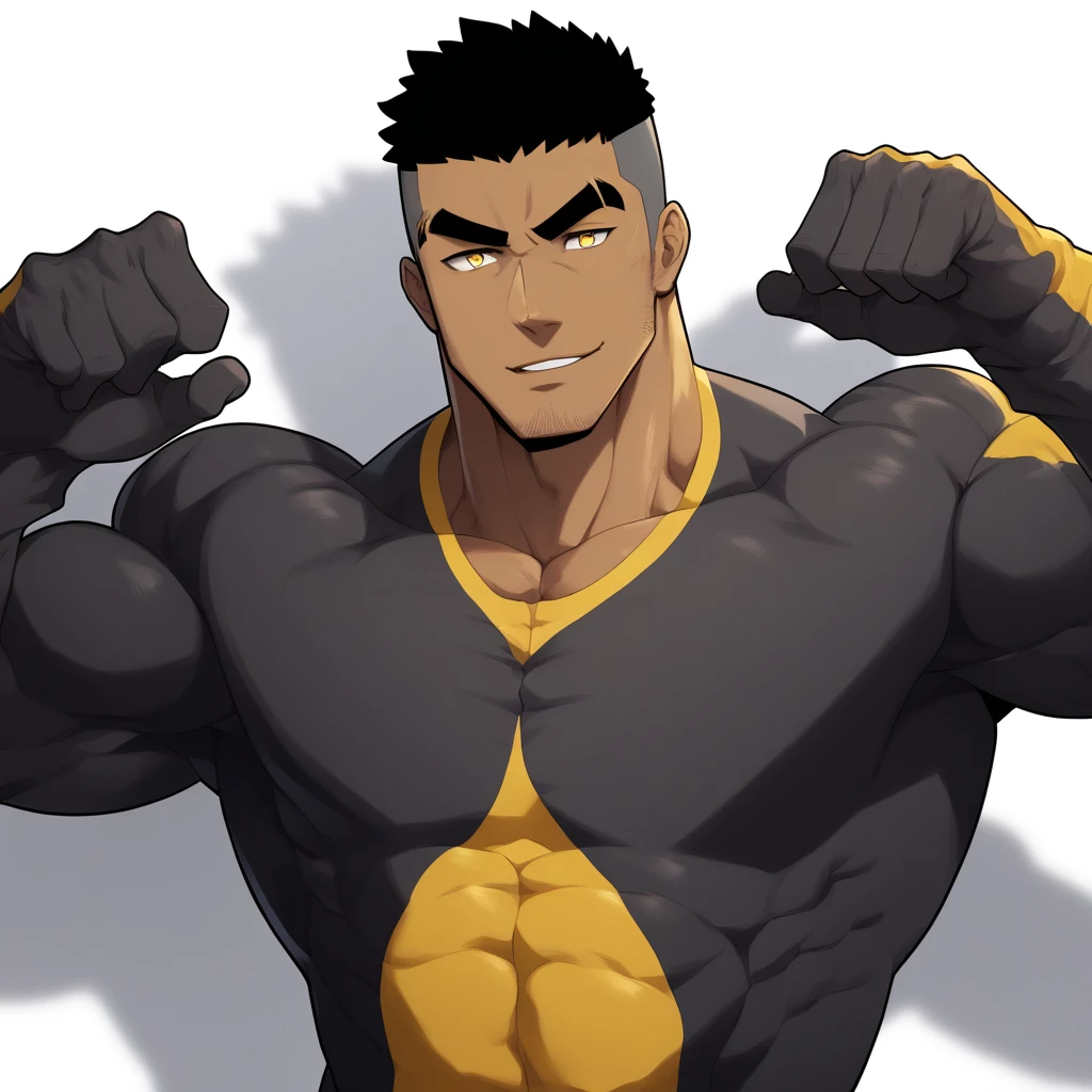 negro, negro, negro, anime characters：Gyee, Muscle Sports Student, negro black skin, 1 muscular tough guy, Manliness, male focus, Dark grey and Yellow long sleeve tights, Very tight, The pectoral muscles are oversized, Slightly transparent, muscular male, muscular, only, Upper body, alone, Black short hair, Thick eyebrows, stubble, Yellow eyes, White background, simple background, amazing quality, best aesthetics, Ridiculous, bright pupils, crew cut, parted lips, seductive smile, torogao, naughty face, drop shadow, best quality