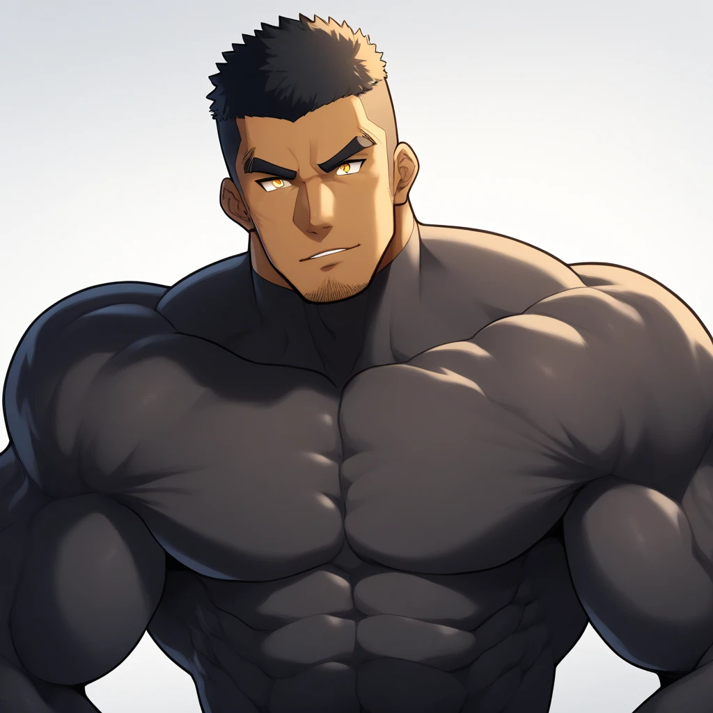 negro, negro, negro, anime characters:Gyee, Muscle Sports Student, negro black skin, 1 muscular tough guy, Manliness, male focus, Dark grey and Yellow long sleeve tights, Very tight, The pectoral muscles are oversized, Slightly transparent, muscular male, muscular, only, Upper body, alone, Black short hair, Thick eyebrows, stubble, Yellow eyes, White background, simple background, amazing quality, best aesthetics, Ridiculous, bright pupils, crew cut, parted lips, seductive smile, torogao, naughty face, drop shadow, best quality