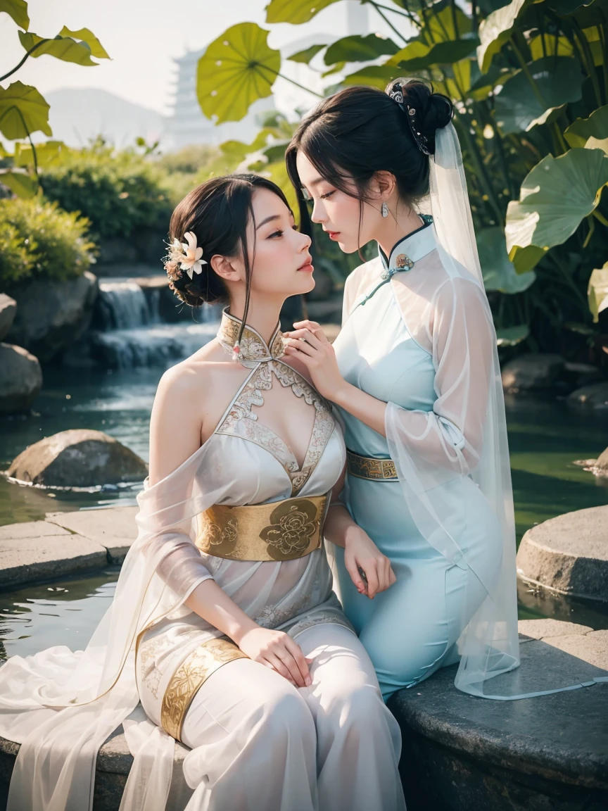 An ancient Chinese beauty sitting on a stone, two gorgeous and stunning beauty is deeply in love with each other, kiss, wearing ancient Chinese clothing, flowing tulle, light silk, lazy posture, large lotus leaf, lotus, ink painting style, clean color, decisive cutting, blank, freehand, masterpiece, super detailed, epic composition, high quality, the highest quality, 4k