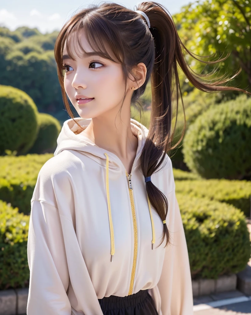 (Highest quality, 32k, High resolution, Masterpiece:1.5, ), marimo_jet, god々A photograph with brilliant dazzling and healing power., Evoking a sense of calm and elusive beauty, Expressing emotions, Have a rich imagination, The road to the horizon, Nostalgic scenery of youth, Beautiful Japanese Girls, An exceptionally beautiful face, Small Face Beauty, Perfect Human Anatomy, Magical big eyes, Motherhood and generosity, Deep Love, fleeting smile, ((Shiny brown hair:1.1)), ((A beautiful ponytail swaying in the wind)), Asymmetrical bangs, Hair between the eyes, Transparent, soft white skin, Sharp eyebrows, Thin lashes, Natural Makeup, Cheek highlighter, Pale pink detailed lips, (Yellow Zip Hoodie), ((High resolutionの美しい太もも, Beautiful legs), Beautifully detailed skies, Professional Photographer, Professional Lighting, Professional Model