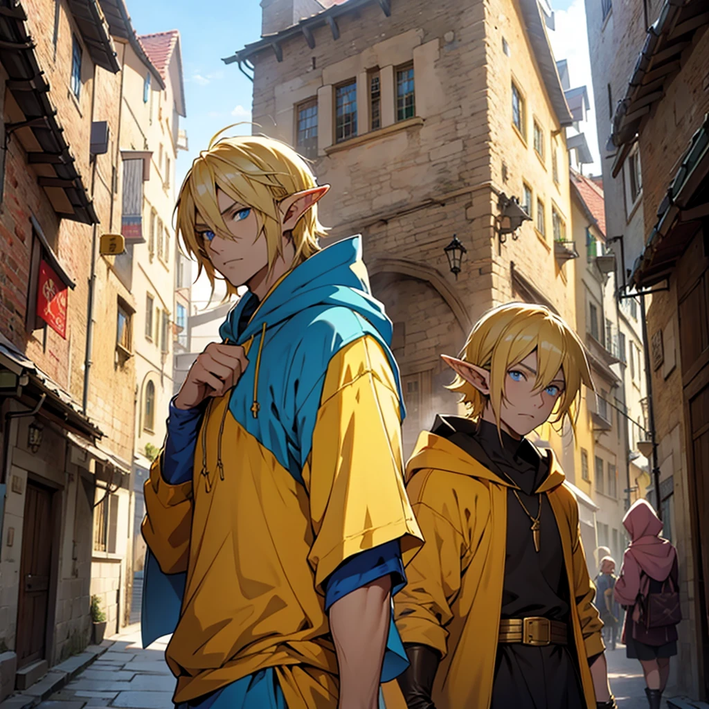 Elf male,blond hair,blue eyes,medium build, dressed in a yellow hoodie,against the background of a medieval elf city, anime style