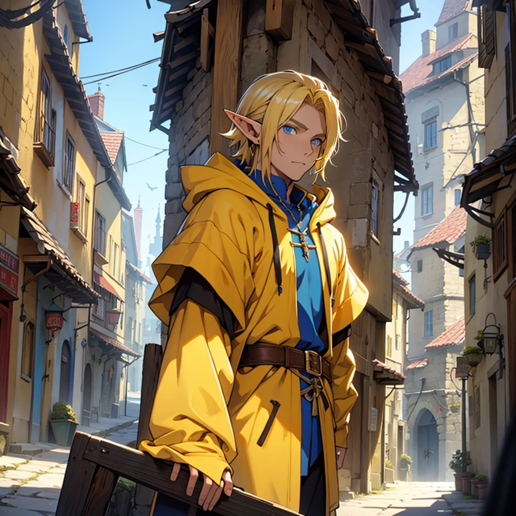 Elf male,blond hair,blue eyes,medium build, dressed in a yellow hoodie,against the background of a medieval elf city, anime style