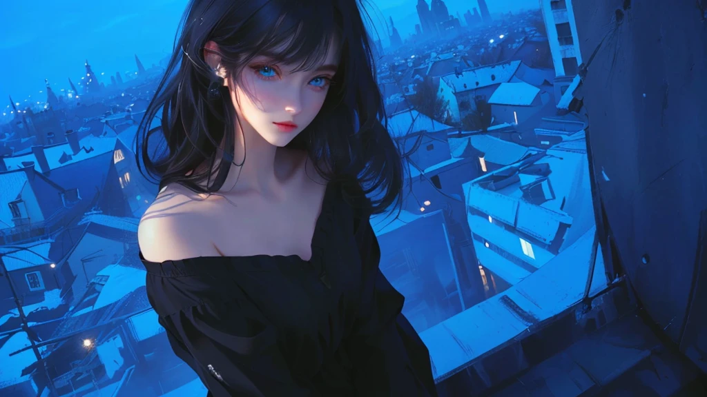 ultra-detailed, beautiful eyes, detailed eyes, detailed face, ultra-detailed, beautiful eyes, woman in black casual, Woman in casual, black, loose-fitting, Beautiful face gnawing strength, casual clothing with blue eyes standing on a rooftop overlooking the city, master piece, best quality, high resolution, 16k