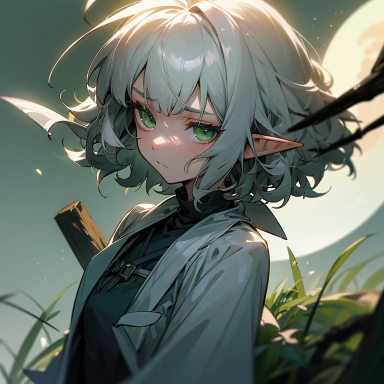 Elf, silver hair,short hair, medium cut, ahoge, curly hair,green eyes,slender, moonlight, disappointed, sad,Rag Scrap