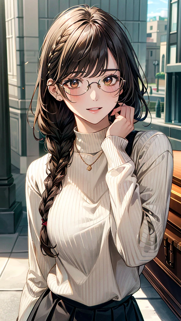 (masterpiece:1.3, top-quality), ultra high res, ultra detailed, (realistic, photorealistic:1.4), beautiful illustration, perfect lighting, colorful, depth of fields,
looking at viewer, (face focus, upper body), 1 girl, solo, hight school girl, gravure model, (large breasts:0.8, large ass, seductive thighs, skindentation),
(middle hair:1.2, single braid, (beige) hair), bangs, braided bangs, (gold eyes), drooping eyes, parted lips, shiny skin,
beautiful hair, beautiful face, extremely detailed face, beautiful detailed eyes, beautiful clavicle, beautiful body, beautiful chest, beautiful thigh, beautiful legs, beautiful fingers,
(detailed cloth texture, (darkturquoise) long sleeve high neck sweater, black pleated skirt, (dark brown casket)), round glasses, shoulder bag, garnet necklace,
(beautiful scenery), evening, (downtown, staircase), walking, (seductive-smile),