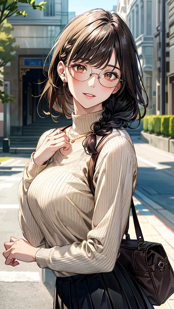 (masterpiece:1.3, top-quality), ultra high res, ultra detailed, (realistic, photorealistic:1.4), beautiful illustration, perfect lighting, colorful, depth of fields, 
looking at viewer, (face focus, upper body), 1 girl, solo, hight school girl, gravure model, (large breasts:0.8, large ass, seductive thighs, skindentation),
(middle hair:1.2, single braid, (beige) hair), bangs, braided bangs, (gold eyes), drooping eyes, parted lips, shiny skin, 
beautiful hair, beautiful face, extremely detailed face, beautiful detailed eyes, beautiful clavicle, beautiful body, beautiful chest, beautiful thigh, beautiful legs, beautiful fingers, 
(detailed cloth texture, (darkturquoise) long sleeve high neck sweater, black pleated skirt, (dark brown casket)), round glasses, shoulder bag, garnet necklace, 
(beautiful scenery), evening, (downtown, staircase), walking, (seductive-smile), 