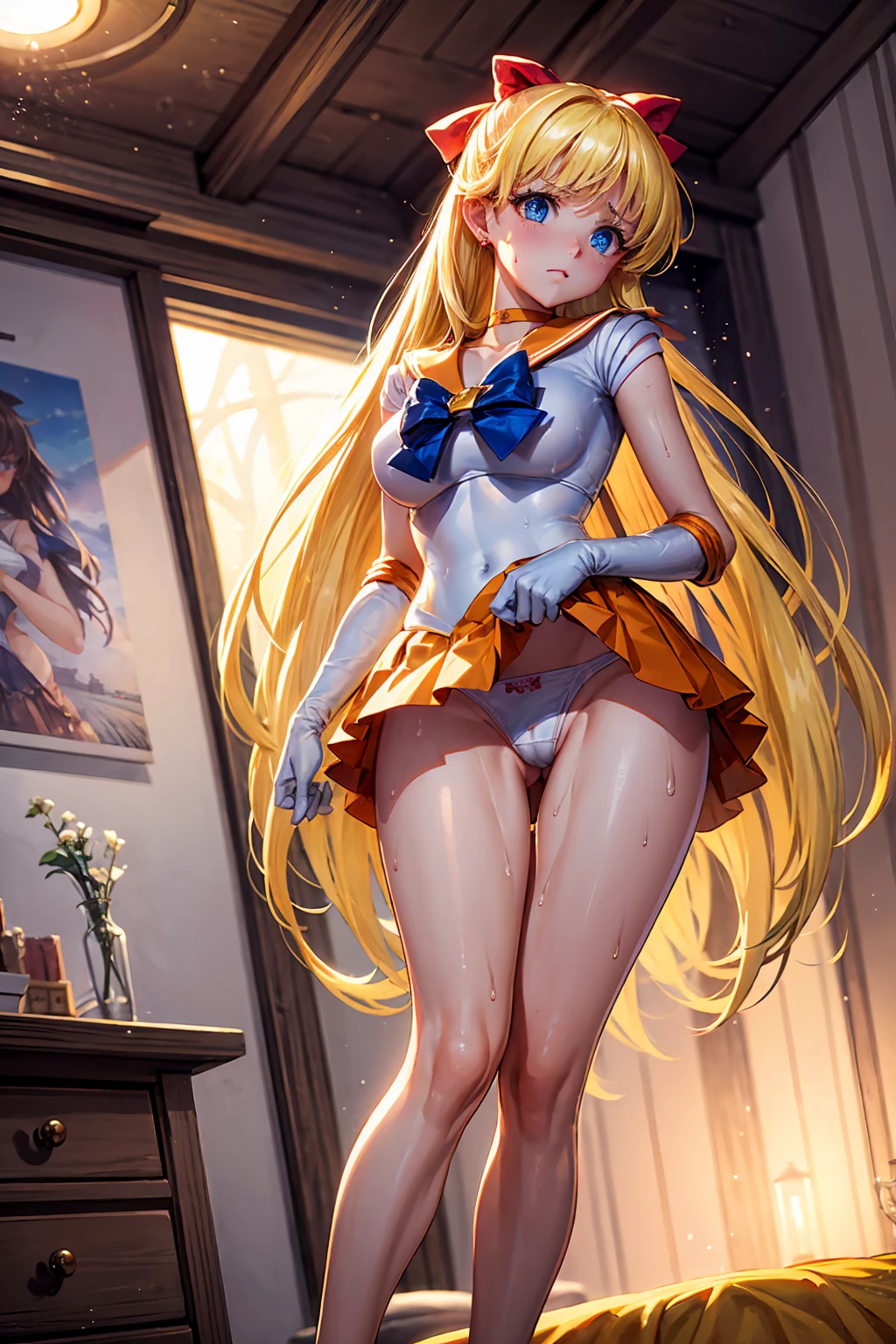 masterpiece, Highest quality, High resolution, Show more1, land, Sailor Warrior Uniforms,18Year Troubled face {{{{{Torn Skirt}}}}}++ this,Sailor Venus, Minako Aino, thisロンドの髪, Magical girl, blue eyes, Orange Skirt, Elbow Bag, tiara, Pleated skirt, Hair Ribbon, Orange Sailor Collar, mini skirt, choker, Red Bow, オレンジchoker, White gloves, Very long hair, jewelry, Earrings Angle from below atmospheric bedroom Sweating profusely Sweat in the crotch area Wet Panties topless Completely naked