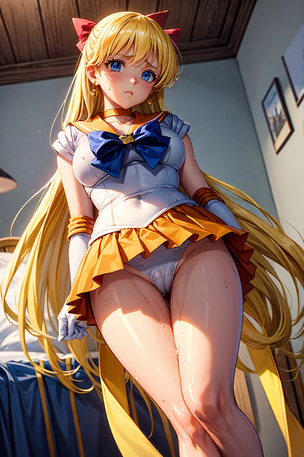 masterpiece, Highest quality, High resolution, Show more1, land, Sailor Warrior Uniforms,1８Year　Troubled face　{{{{{Torn Skirt}}}}}++ this,Sailor Venus, Minako Aino, thisロンドの髪, Magical girl, blue eyes, Orange Skirt, Elbow Bag, tiara, Pleated skirt, Hair Ribbon, Orange Sailor Collar, mini skirt, choker, Red Bow, オレンジchoker, White gloves, Very long hair, jewelry, Earrings 　Angle from below　atmospheric bedroom　　Sweating profusely　Sweat in the crotch area　Wet Panties　topless　Completely naked