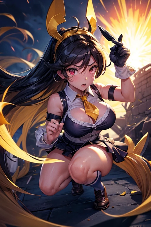 Personagem: Filia (Skullgirls)
Description:
Create a detailed illustration of Filia, the iconic character from the game Skullgirls. Filia is a young woman with long, dark hair., dominados por um parasita chamado Samson. His appearance is striking, with her classic school uniform consisting of a short skirt, blusa com gravata, meias e sapatos escolares. Samson, o parasita, gives your hair a lively and menacing look, formando garras e dentes afiados.
Position and Expression:
Filia must be in a dynamic position, como se estivesse prestes a atacar. Your expression must be determined and fierce, showing your courage and readiness for battle.
Specific Details:
Cabelos de Filia/Samson: Filia's hair must be lively and threatening, com Samson formando garras e dentes. Be sure to highlight Samson's parasitic nature, showing its integration with Filia's hair.
Uniforme Escolar: Filia must be wearing her classic . A saia deve ser azul escura ou preta, a blusa branca com uma gravata vermelha. Details like knee-high socks and school shoes are essential.
Ambiente: An urban night setting, talvez uma rua deserta com luzes de postes, to give a darker and more dramatic tone to the scene. Alternativamente, a combat environment with debris and sparks can increase the intensity of the image.
Estilo de Arte:
Estilo: Anime/Manga, with an emphasis on details and shadows to give depth and intensity to the scene.
Cores: Use uma paleta de cores vivas e contrastantes, com destaque para o azul escuro, preto e vermelho, complementados por tons mais claros para a pele e o fundo.
Atmosfera:
The illustration should convey a sense of action and urgency, com Filia e Samson prontos para enfrentar qualquer desafio. The scene should be dynamic and full of energy, capturing the essence of the Skullgirls game and the character Filia.