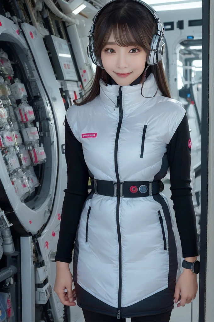 masterpiece, Highest quality, Very detailed, 8K Portrait,Japanese Android Girl,plump , Control panel,Robotic arms and legs, Blunt bangs,,break (Metallic Gray, Metallic luster, Mirror finish, Astro Best):5,headphone:5,break (Black sleeves):100,Smart Watches,Futuristic space station,Control Room,break headphone,blue eyes,(Black Hair):2,(Long Hair):1.3,Displaying the viewer,(respirator),break blush:3,Hidden Hand,smile