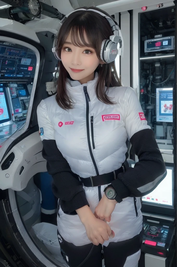 masterpiece, Highest quality, Very detailed, 8K Portrait,Japanese Android Girl,plump , Control panel,Robotic arms and legs, Blunt bangs,,break (Metallic Gray, Metallic luster, Mirror finish, Astro Best):5,headphone:5,break (Black sleeves):100,Smart Watches,Futuristic space station,Control Room,break headphone,blue eyes,(Black Hair):2,(Long Hair):1.3,Displaying the viewer,(respirator),break blush:3,Hidden Hand,smile