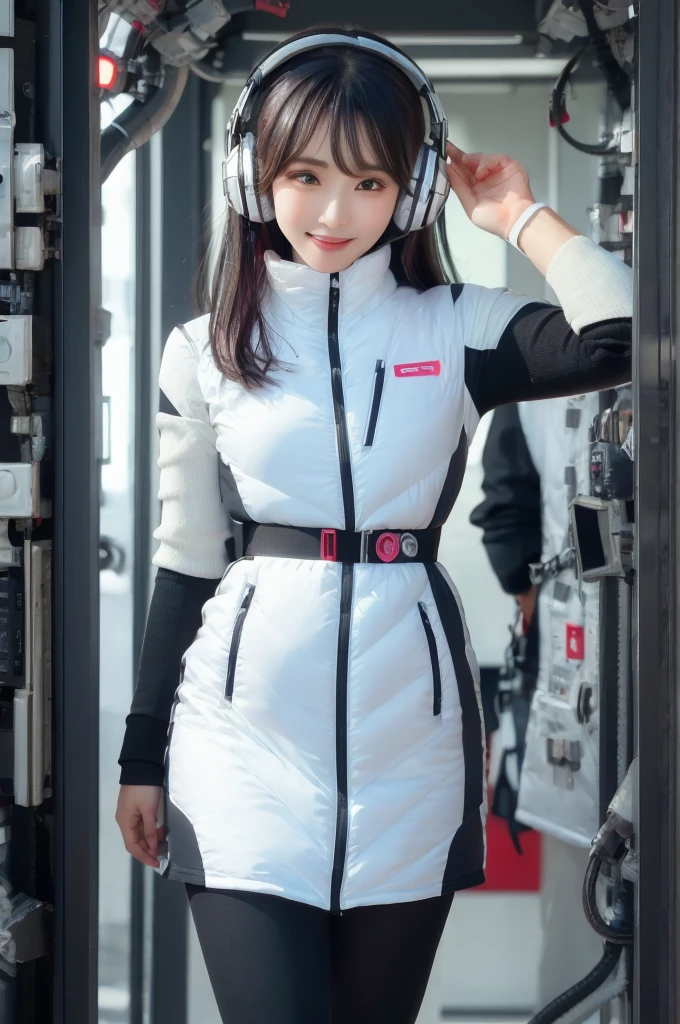 masterpiece, Highest quality, Very detailed, 8K Portrait,Japanese Android Girl,plump , Control panel,Robotic arms and legs, Blunt bangs,,break (Metallic Gray, Metallic luster, Mirror finish, Astro Best):5,headphone:5,break (Black sleeves):100,Smart Watches,Futuristic space station,Control Room,break headphone,blue eyes,(Black Hair):2,(Long Hair):1.3,Displaying the viewer,(respirator),break blush:3,Hidden Hand,smile