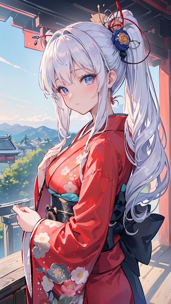(((masterpiece))), (((Highest quality))), ((Super detailed)), ((Ultra-fine illustrations)), ((Ultra-fine painting)), (Upper Body:1.6), High resolution, (Very detailedで繊細なイラストスタイル:1.8), Detailed skin texture, Detailed cloth texture, Very detailedな説明, (T-masterpiece), (Very detailedな顔:1.2), (Very detailedな光沢のある髪:1.2), (Very delicate and clear eyes:1.2), original, RAW Photos, Professional, Intricate details, Super Detail, Direct sunlight:1.6, (Extremely elaborate hands:1.2), (Very detailedな指:1.2), (Very dexterous fingers:1.2), (16 years old), Genuine, (alone:1.5), (She wore a bright red furisode with a floral pattern.、Very beautiful and cute silver fox girl with blue eyes:1.4) brake (Beautiful and adorable、Very fine and delicate silver fox ears:1.4), (Beautiful and well-shaped big breasts), (Beautiful and shapely butt), (Shining beautifully、Very fine and delicate silver hair updo:1.4), (Beautiful and clear、Very delicate blue eyes:1.6), (smile:1.3), (blush:1.2), (View your viewers:1.4), celebration, Very detailed, Beautiful and perfect hands:1.4, Very detailed, Beautiful and perfect fingers:1.4, Very detailed, Beautiful and perfect fingers先:1.4, (Perfect Anatomy:1.4) brake (A bright red long-sleeved kimono with a very detailed floral pattern:1.4), (Japanese traditional clothing:1.2) brake (16K Highest quality wallpaper:1.4), (Very detailed and beautiful Ise Grand Shrine in Mie Prefecture just after noon in winter in the background:1.6), Stand in front of the torii gate:1.3, celebration, Very detailed and beautiful Ise Grand Shrine:1.2, Very detailed and beautiful torii gate of Ise Shrine:1.2, Very detailed and beautiful grounds of Ise Shrine:1.2, Very beautiful against the clear sky after noon.:1.4 brake 