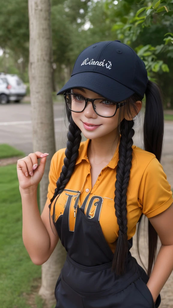 African female、Golfer、randam angle、Spanning Caddy Bag、Polo shirt wet with sweat、Smaller chest、Perfectly sheer of、Arm Cover、Narrowed eyes、kawaii faces、Rin々Facial expressions、caps、poneyTail、masutepiece、top-quality、years, Glasses