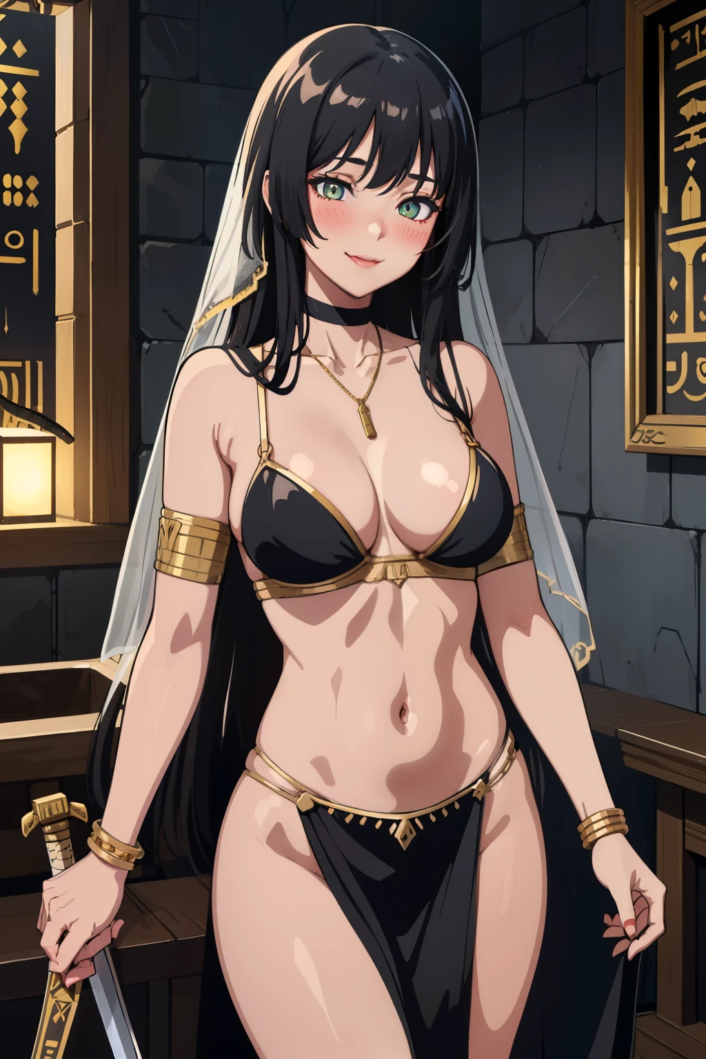 1girl, solo, Souryuuin Akemi, long hair, hime cut, standing, blush, lipstick, masterpiece, best quality, highly detailed ,glint,halterneck,gold_choker, complex detailed background,
inside, stone wall, ancient interior, ancient egyptian room, hieroglyphs, dark lighting, dark
atmosphere, (cowboy shot), holding a sword, sword, belly_chain,harem_outfit,navel, necklace,
pelvic_curtain,revealing_clothes, veil，masterpiece,best quality,1girl,mature,evil smile, smile,
female,mature,necklace,pendant, , exposed belly, exposed navel, exposed
midriff, exposed lower belly, 