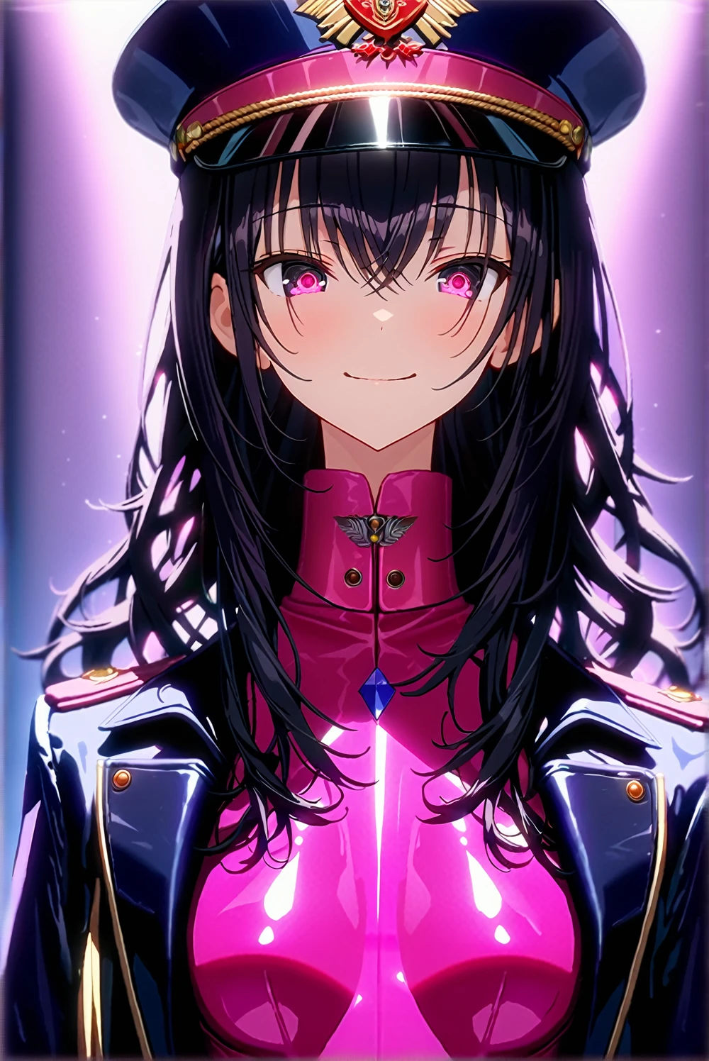 masterpiece, best quality, 1girl,seductive smile,pink eyes,hollow eyes,black long hair, (finely detailed beautiful eyes and detailed face),pink leotard,latex costume,military coat,military hat,cinematic lighting,bust shot,extremely detailed CG unity 8k wallpaper,solo,(enamel leotard:0.3),