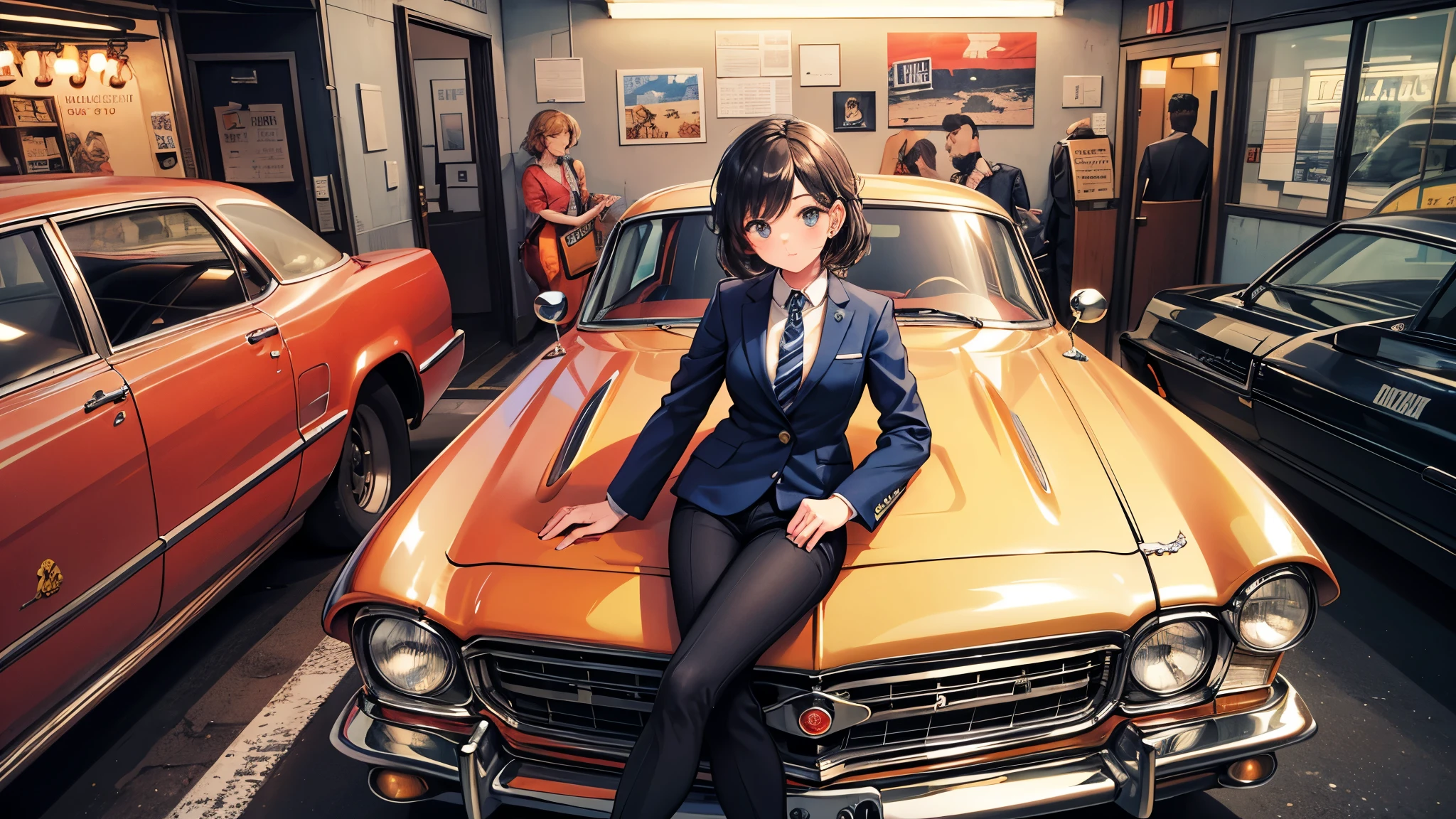 (masterpiece), (Highest quality), (Very detailed),(Disheveled Hair),(shape), (girl), Stylish ska-punk musician in a suit and striped tie, Fusion with retro American culture。
American cars and vintage items、Items reminiscent of the 1960s in America。
Expressed with colors and textures that evoke nostalgia。