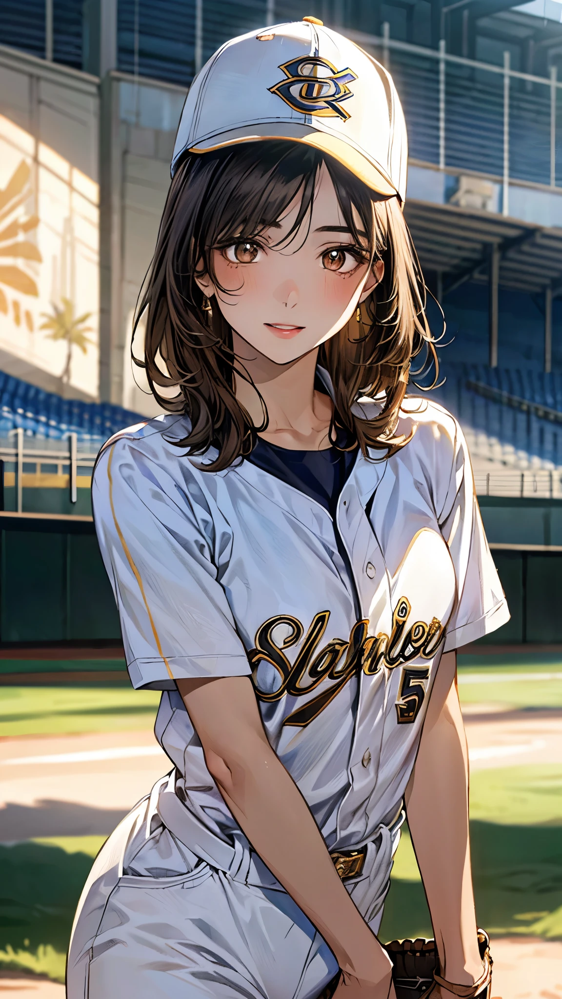 (masterpiece:1.3, top-quality, ultra high res, ultra detailed), (realistic, photorealistic:1.4), beautiful illustration, perfect lighting, natural lighting, colorful, depth of fields, ,
beautiful detailed hair, beautiful detailed face, beautiful detailed eyes, beautiful clavicle, beautiful body, beautiful chest, beautiful thigh, beautiful legs, beautiful fingers, shiny skin,
looking at viewer, 1 girl, high school girl, baseball cosplay, (perfect anatomy, anatomically correct, super detailed skin), cute and symmetrical face, babyface, perfect face, perfect eyes, ,
(short hair:1.5, straight hair:1.5, light brown hair), swept bangs, gold eyes, drooping eyes, big eyes, long eye lasher, (medium breasts:1.4, seductive thighs), skin dendation,
(detailed cloth texture, baseball uniform:1.2, baseball cap),
(beautiful scenery), summer, late afternoon, (baseball stadium:1.1), standing, (lovely smile, upper eyes, parted lips), diffused natural sunlight, diffused natural skin glow,