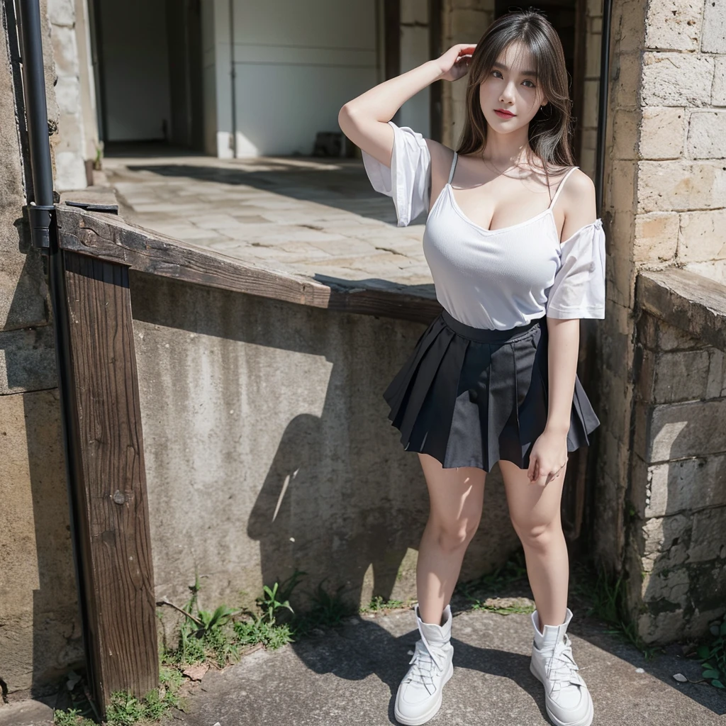 (Oversized T-shirt with excess fabric when tucked into a skirt), (Skirt full thigh), (knee-length outfit), (hair curled on both sides), (center shoes shot), ((full-body standing image)), (cover knee), (white t shirt), (Scottish pleated skirt), (bare shoulders), (bare arms), twinsies、The ultra-detailliert, (white t shirt), (cotton spaghetti-strap top), (cotton spaghetti-strap top), (cotton spaghetti-strap top), (cotton spaghetti-strap top), (long skirt), (A hem full flared skirt), (Hem full flared dress), (a girl pretty girl with perfect figure), (a photo of the night sky), (32K,1 20-year-old girl, The light from the rear room is backlit, Ray traching), (full body), (two-parted hair), (very thick hair), (Slender chest), (short upper chest), (pectoral muscles are large), (upper breasts are firm and round), (stand upright), (two shoe ends), (two shoe toes) ,(put on blush), (apply powder), (makeup), (standing), (asian girl princess), (Black non-reflective fabric for making skirt), (dark skirt), (thick thighs), (large calves), (large knees), (one-piece skirt), (seamless skirt), (long shins) , (big shins), (A hem full flared skirt), (Hem full flared dress), (A hem full flared skirt), (thighs meets knee), (black skirt), (black skirt), (black skirt), (black skirt), (knee gap), (knee gap), (knee gap), (Expose cleavage :1.3), (Scottish pleated midi skirt) (Super fine face and eyes), (Highly detailed face and skin texture, Detailed eyes, Double eyelid), (stading shot), (stading shot), , (Scottish pleated midi skirt), (Scottish pleated midi skirt), (knee-length outfit), (knee-length outfit), (knee-length outfit), (knee-length outfit), (Skirt full thigh), (Skirt full thigh), , (white sneakers), (a pair of white leather boots, highly detailed boots)
