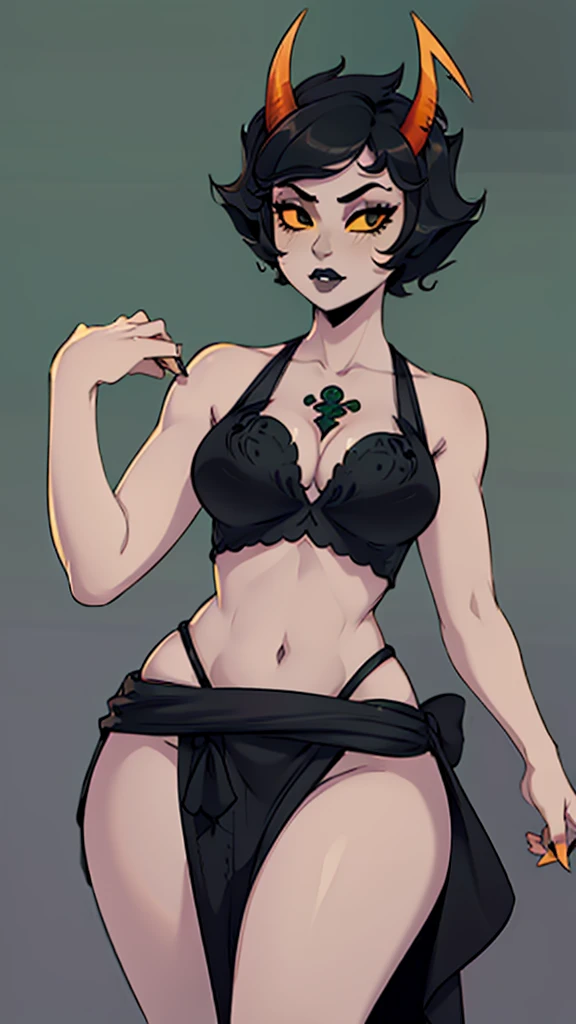 close-up portrait, kanaya, (horns), gray skin, short hair, [[simple background]], bellydancer, (midriff), collarbone, sleeveless, cleavage, wide hips, eyeliner, mature, (black eyes), (yellow sclera), galena, bare legs